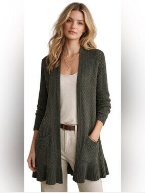 Anthropologie Guinevere Olive OpenFront Cable Knit Cardigan w/ Ruffle Hem, Sz XS